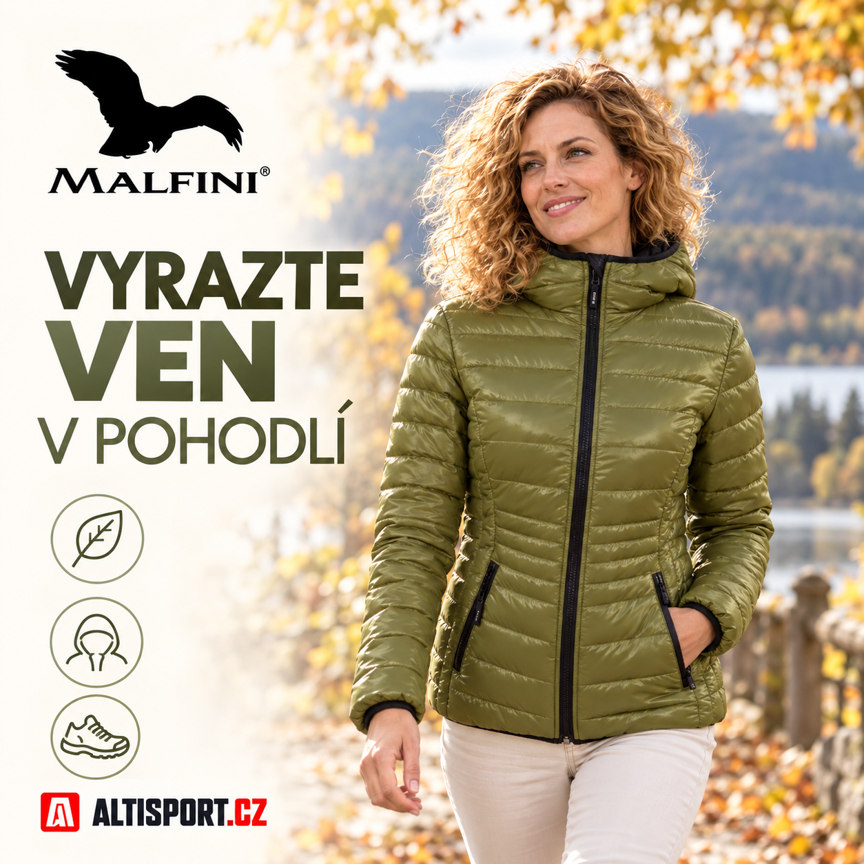 Žena v zelené bundě MALFINI na podzimní procházce