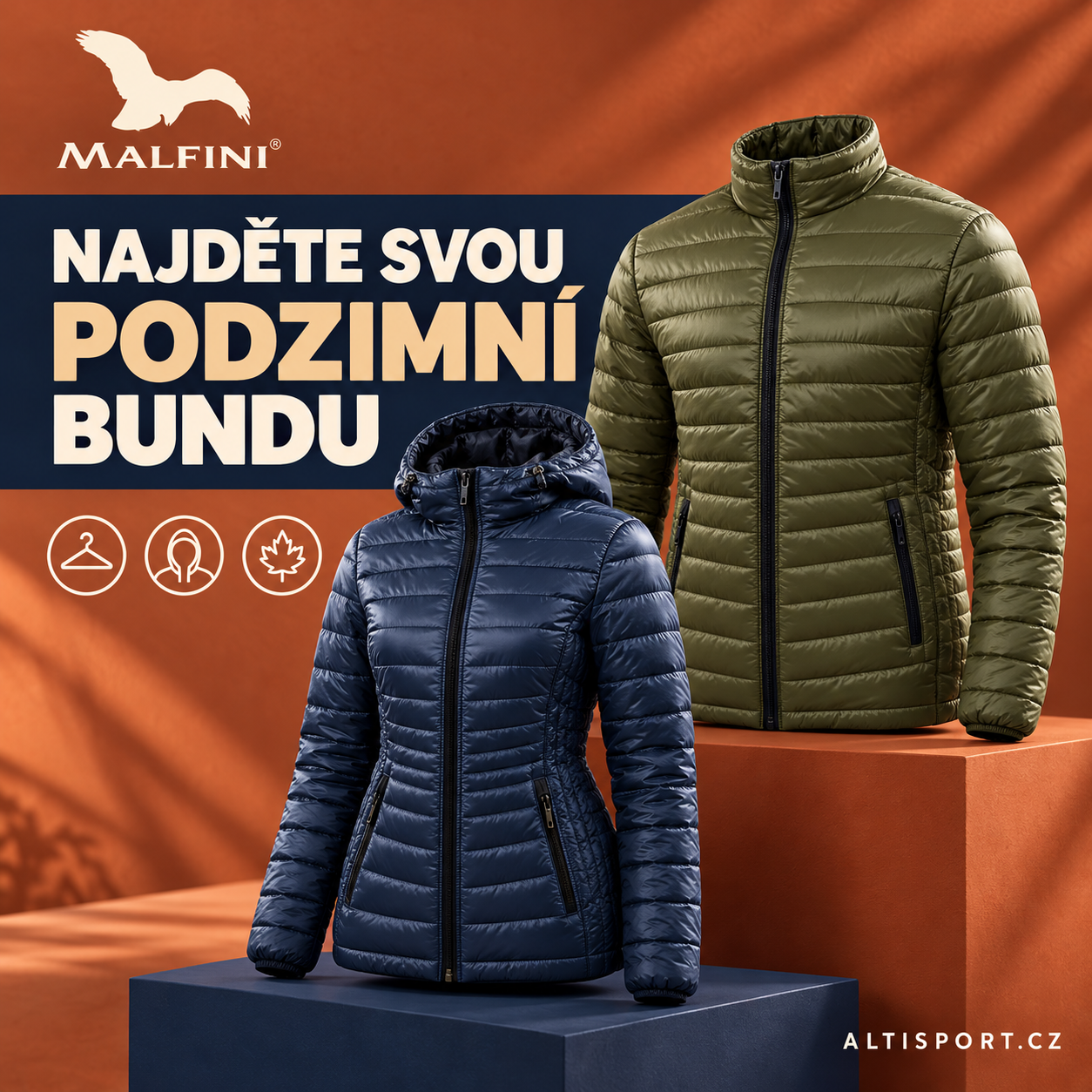 Modrá bunda s kapucí a zelená bunda se stojáčkem MALFINI