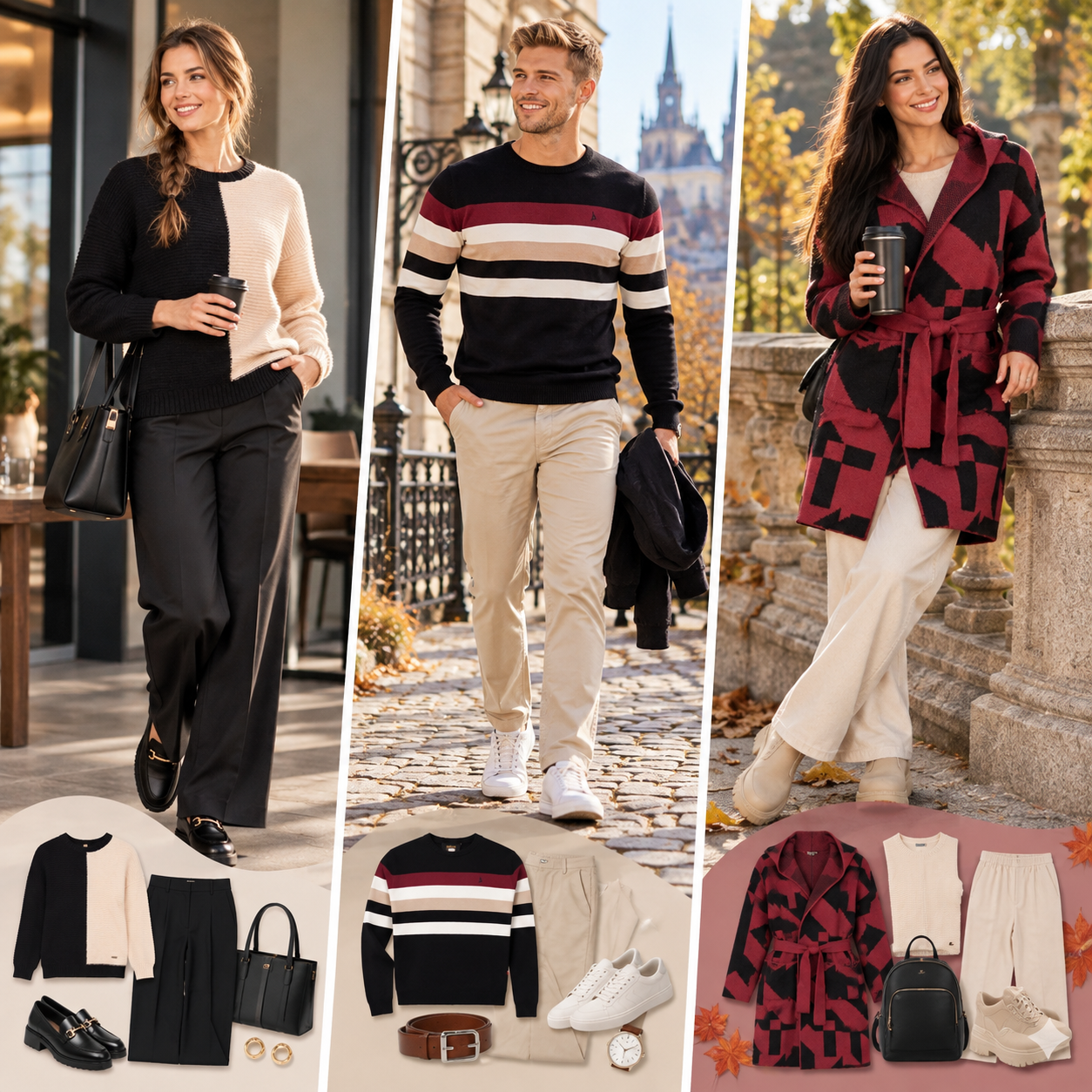 Tři podzimní outfity se svetrem a dlouhým kardiganem