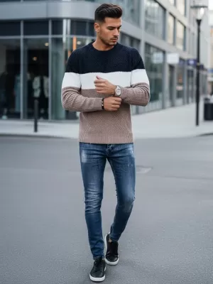 Pánský svetr DSTREET BÉŽOVÁ/TMAVĚ MODRÁ