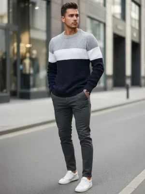 Pánský svetr DSTREET TMAVĚ MODRÁ/SVĚTLE ŠEDÁ