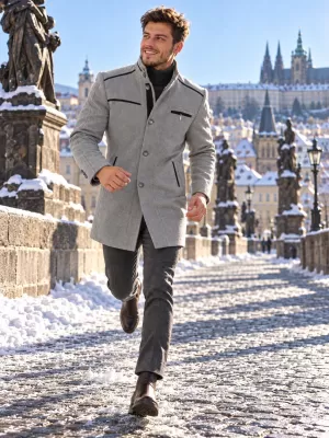 Pánský kabát s příměsí vlny DEWBERRY PLT8369 SVĚTLE ŠEDÁ