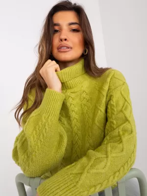 Dámský copánkový svetr WOOL FASHION ITALIA AT-SW-2355-2.30X OLIVE